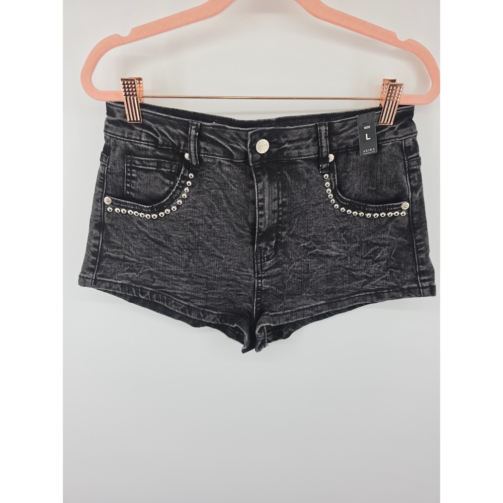 Akira Womens Studded Acid Wash Denim Shorts Black High Waisted Hot Pants Large
